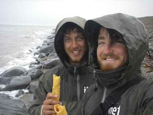 Us standing right on the west coast, enjoying an unrationed peanut butter on tortilla bread.