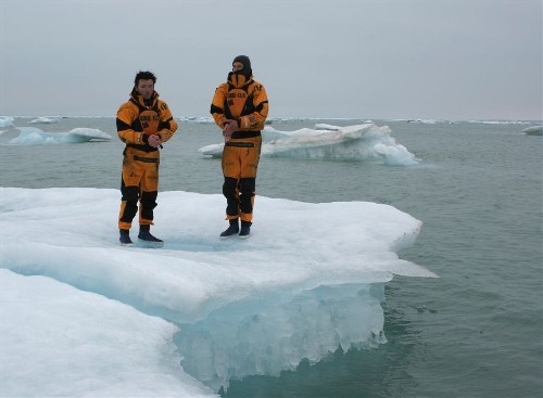 Sanding on an iceberg in our gore-tex® drysuits - very cold.